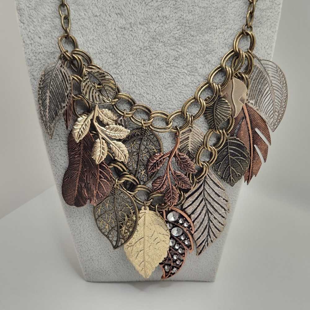 Boho Mixed Metal Leaf Cluster Bib Statement Necklace Autumn Fall Bronze Copper